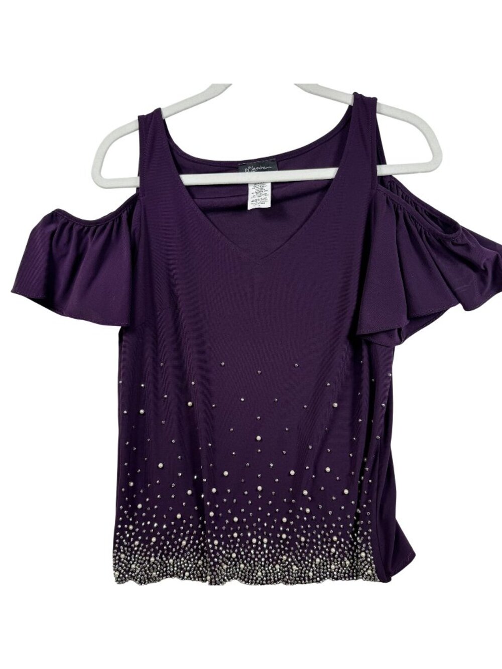 S. Levine Cold Shoulder Purple Top With Rhinestone & Pearl Embellishments Size M